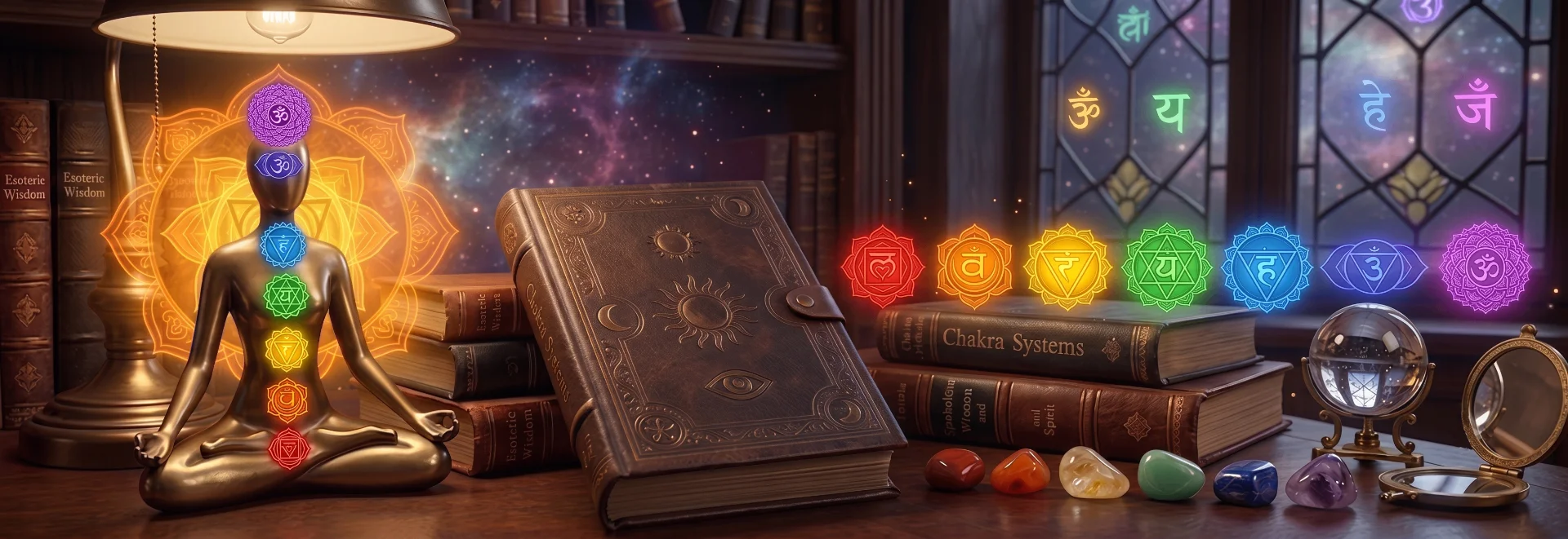Meditating figure with seven glowing chakra symbols aligned along the spine, surrounded by esoteric books and crystals