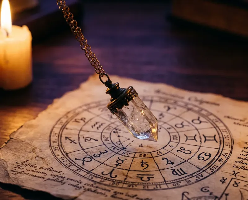 Brass pendulum with quartz crystal suspended over a vintage astrological chart