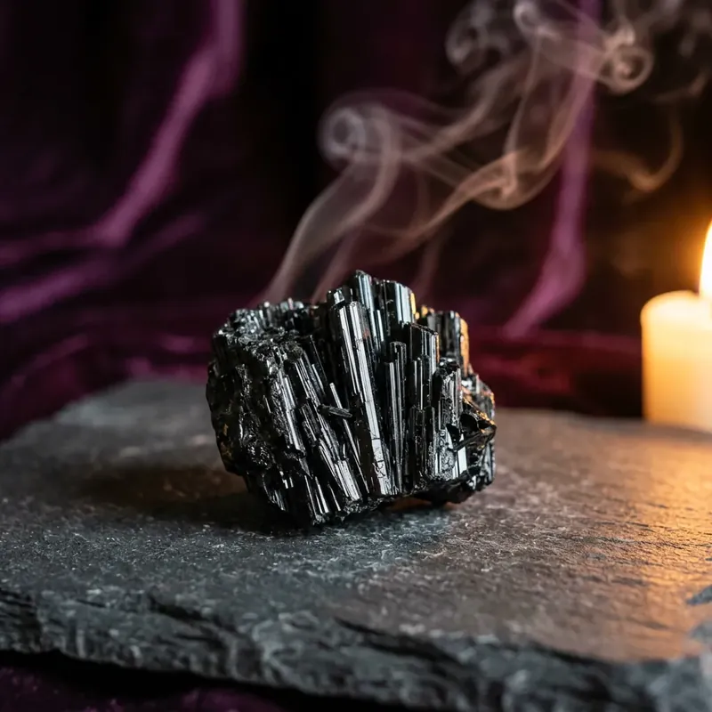 Raw black tourmaline crystal cluster on dark slate with palo santo smoke