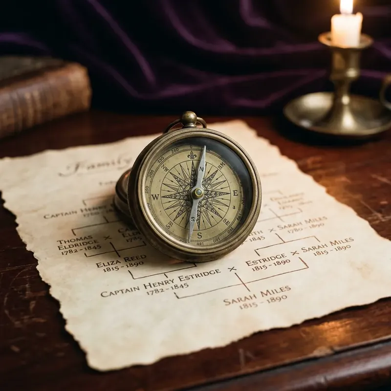 Antique brass compass resting on an aged family tree parchment