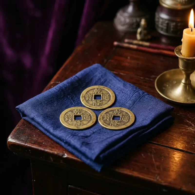 Three antique brass I Ching coins resting on folded indigo silk