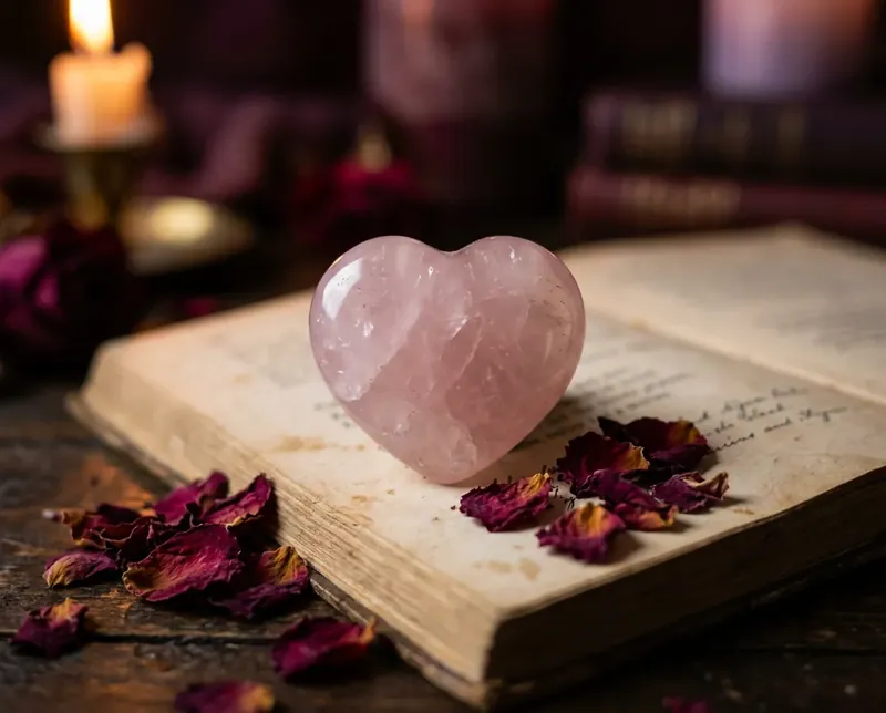 Rose quartz heart crystal on an open vintage book with dried rose petals