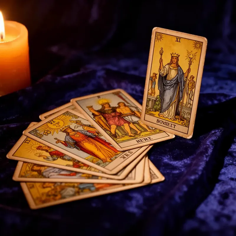 Vintage tarot deck fanned on dark velvet beside candlelight