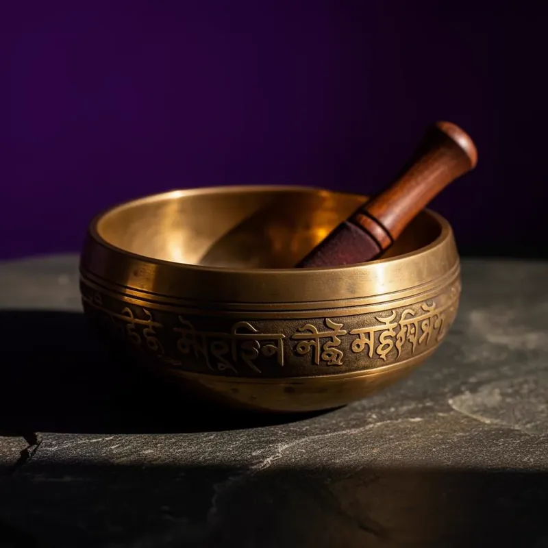 Engraved brass Tibetan singing bowl with wooden mallet